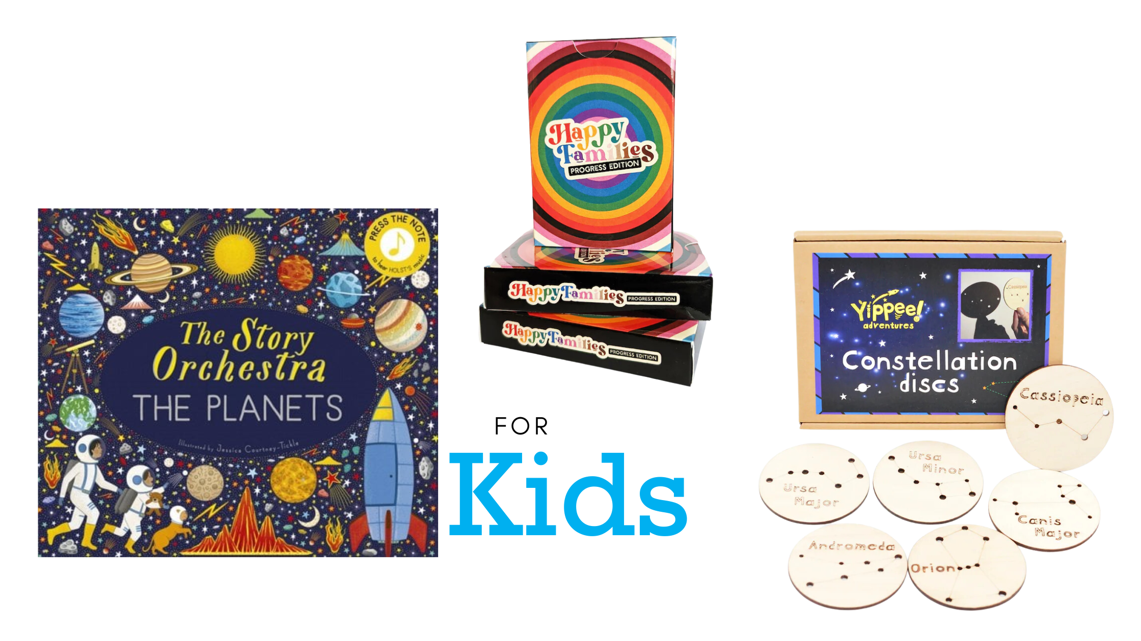 a book cover, wooden disks that reveal constellations and happy families cards